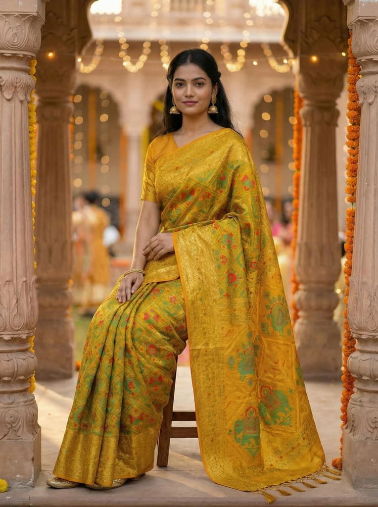 MIMOSA Women's Woven Design Paithani Style Raw Silk Saree with Blouse Piece - Gold ( SA00003128GDFREE ) — photo 4
