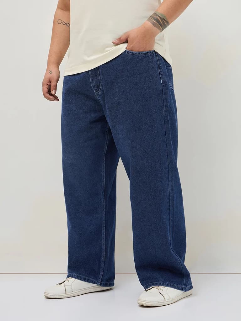 Plus Men's Blue Loose Baggy Fit Raw Washed Denim Jeans Non-Stretchable — photo 2