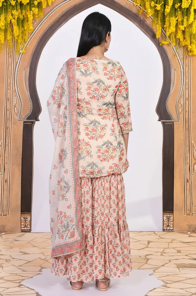 Beige Floral Embellished Peplum Chiffon Kurta with Sharara and Dupatta Set — photo 5