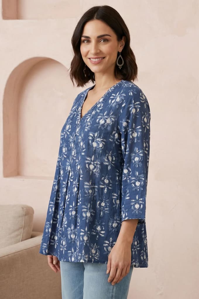 Blue Floral Block Printed Pure Cotton A-line Top — photo 4