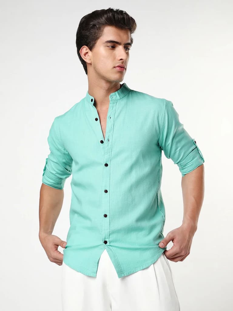 Men's Light Teal Linen Blend Full Sleeve Relaxed Fit Mandarin Collar Casual Solid Shirt — photo 2