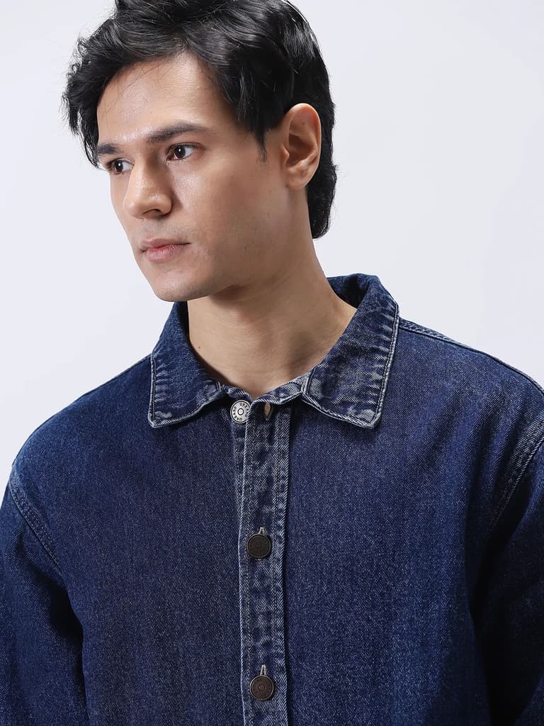 Men's Blue Relaxed Fit Full Sleeve Utility Denim Jacket — photo 6
