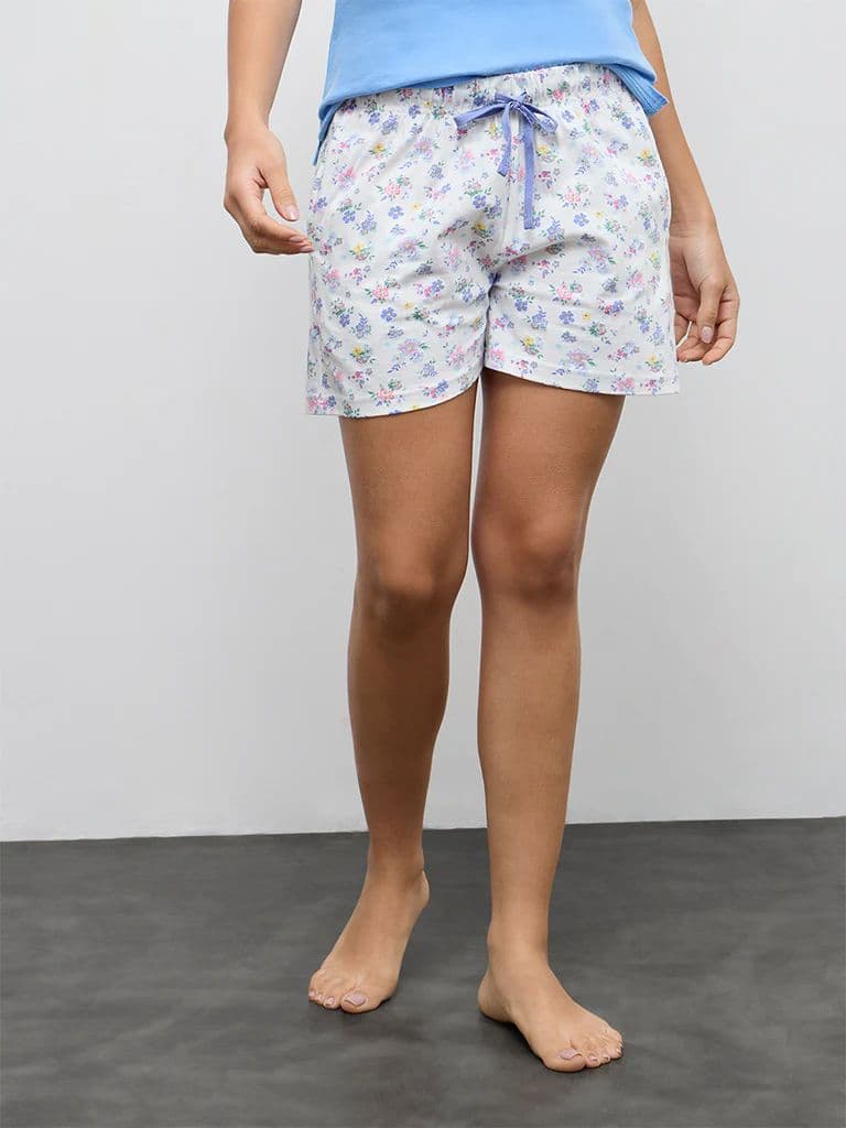 Wunderlove White Floral Printed High-Rise Cotton Shorts — photo 2