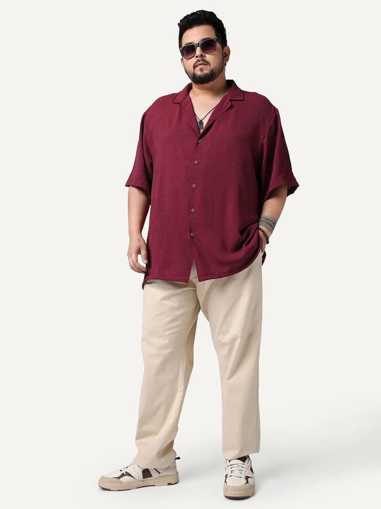 Plus Men's Red Cotton Half Sleeve Relaxed Fit Textured Shirt with Cuban Collar — photo 4