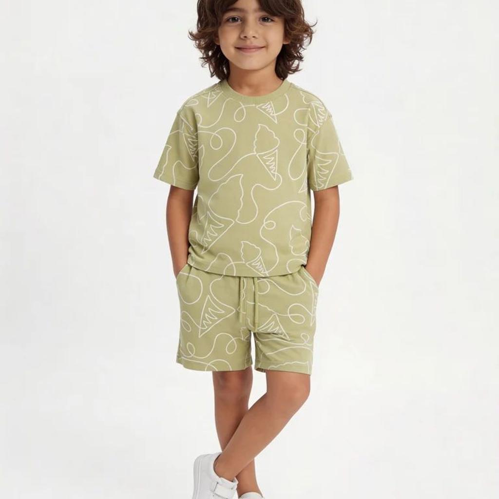 HOP Kids Boys Sage Printed Cotton T-Shirt and Shorts Set