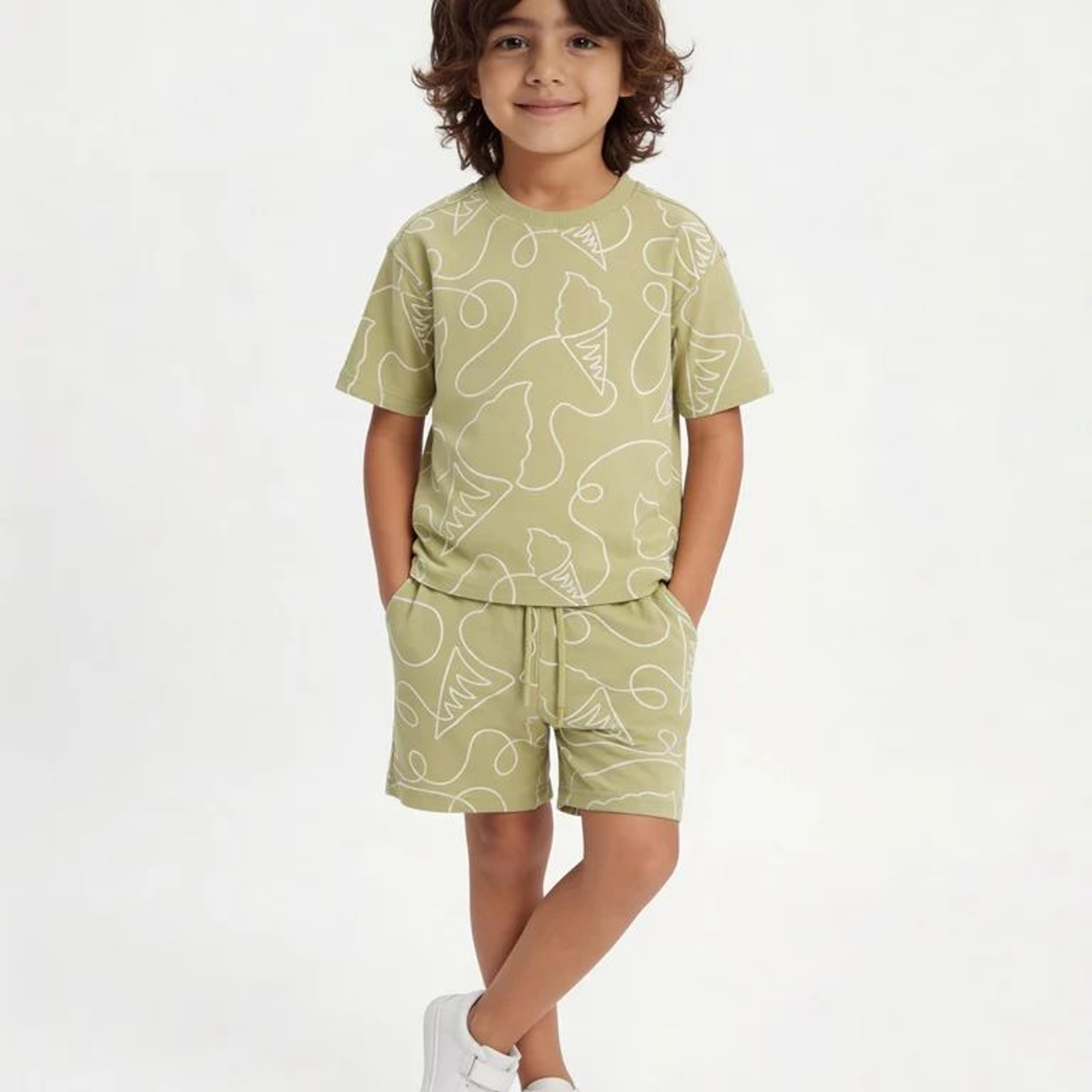 HOP Kids Boys Sage Printed Cotton T-Shirt and Shorts Set