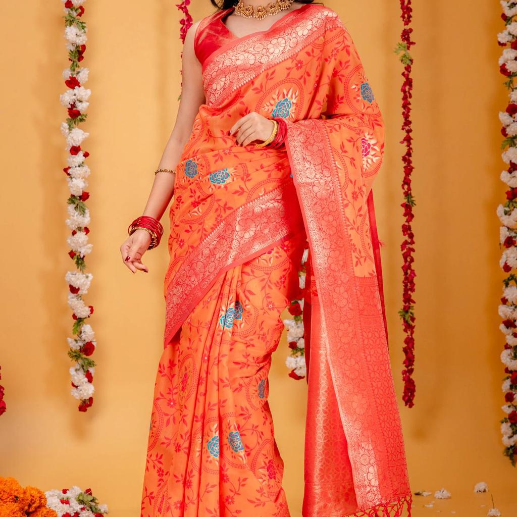 Mimosa Women's Woven Design Kanjivaram Style Art Silk Saree With Blouse Piece : SA00001599PCFREE