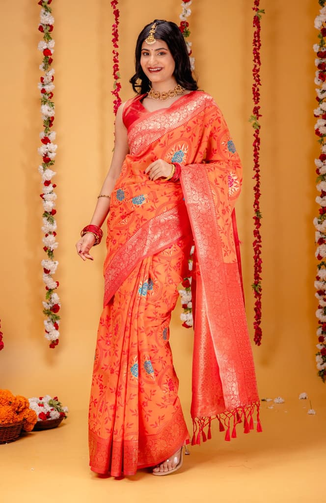 Mimosa Women's Woven Design Kanjivaram Style Art Silk Saree With Blouse Piece : SA00001599PCFREE — Peach