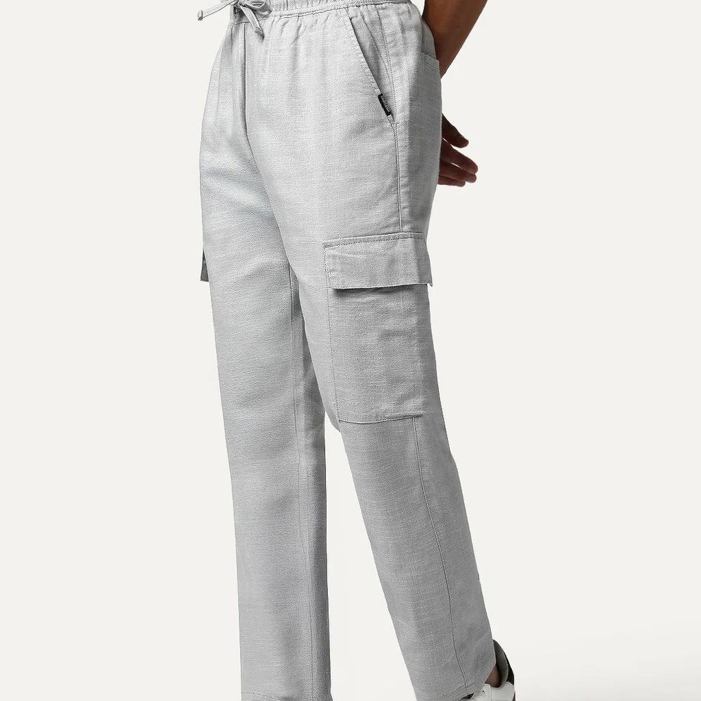 Men's Light Grey Straight Fit Linen Cargo Pants with 6 Pockets