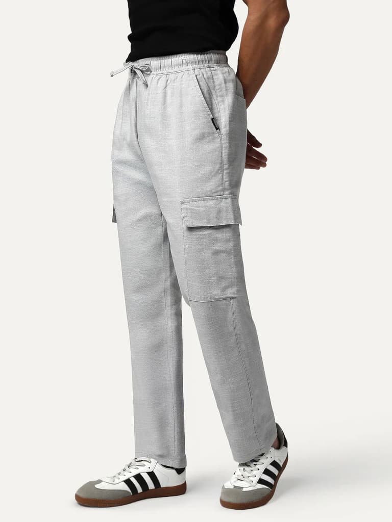 Men's Light Grey Straight Fit Linen Cargo Pants with 6 Pockets — 28 / Light Grey
