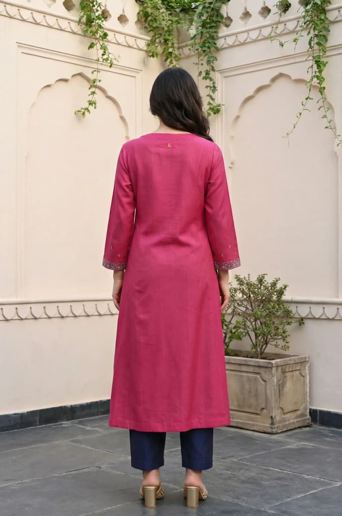 Magenta Mirror Embroidered Tussar Silk Straight Kurta — photo 4
