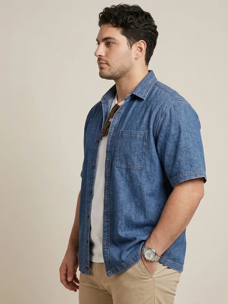 Plus Men's Blue Oversized Fit Half Sleeve Solid Casual Denim Shirt — photo 2