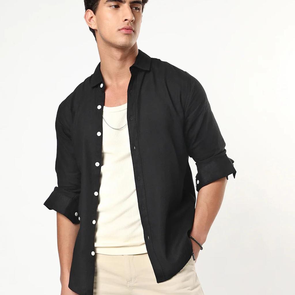 Men's Black Linen Blend Full Sleeve Relaxed Fit Casual Solid Shirt
