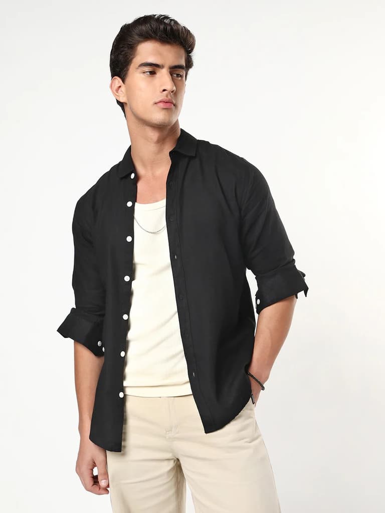 Men's Black Linen Blend Full Sleeve Relaxed Fit Casual Solid Shirt — S / Black
