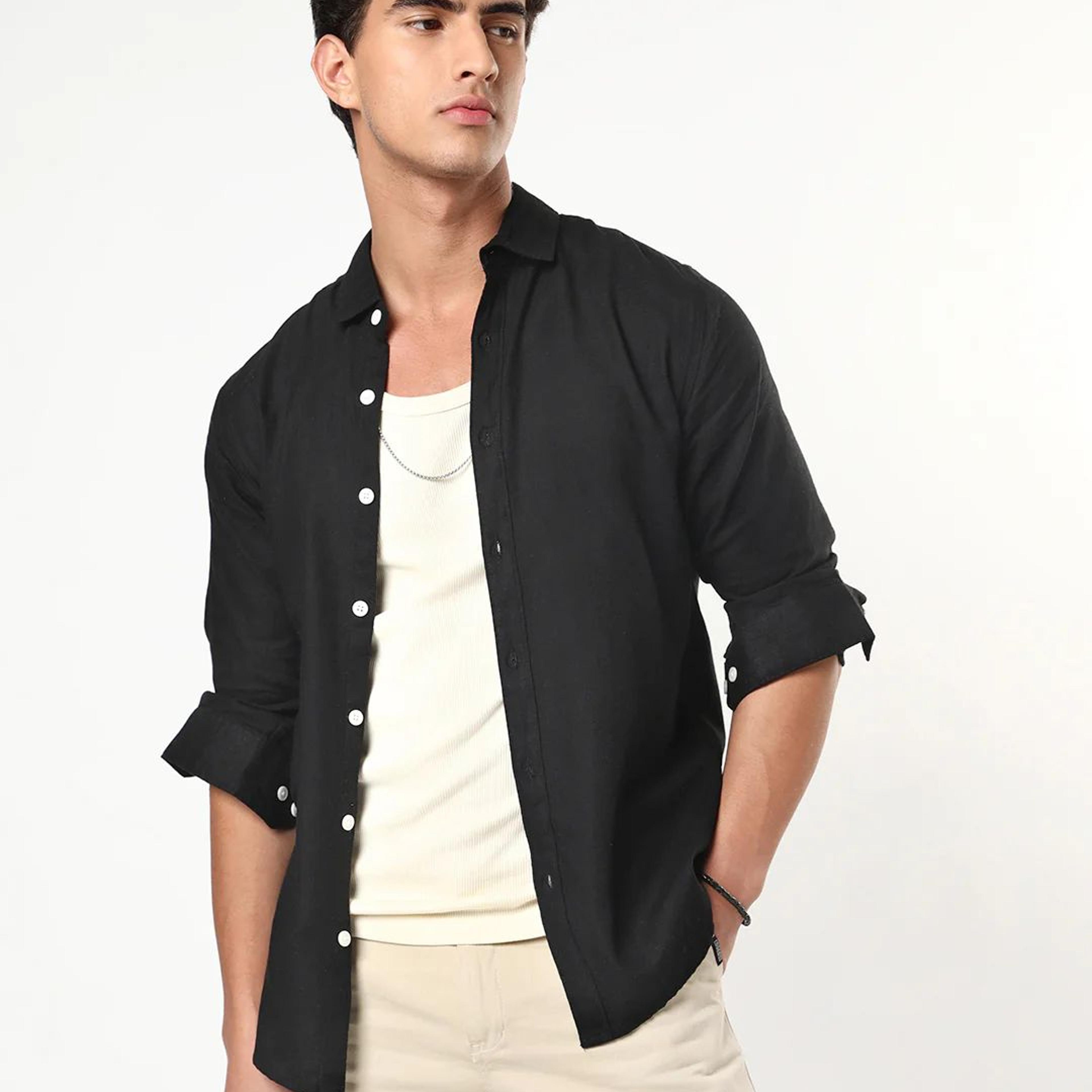 Men's Black Linen Blend Full Sleeve Relaxed Fit Casual Solid Shirt