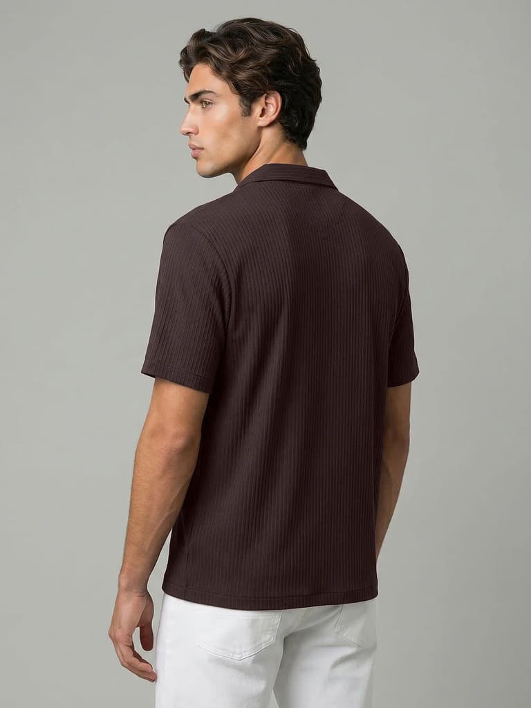 Men's Brown Cotton Half Sleeve Oversized Fit Textured Shirt with Cuban Collar — photo 3