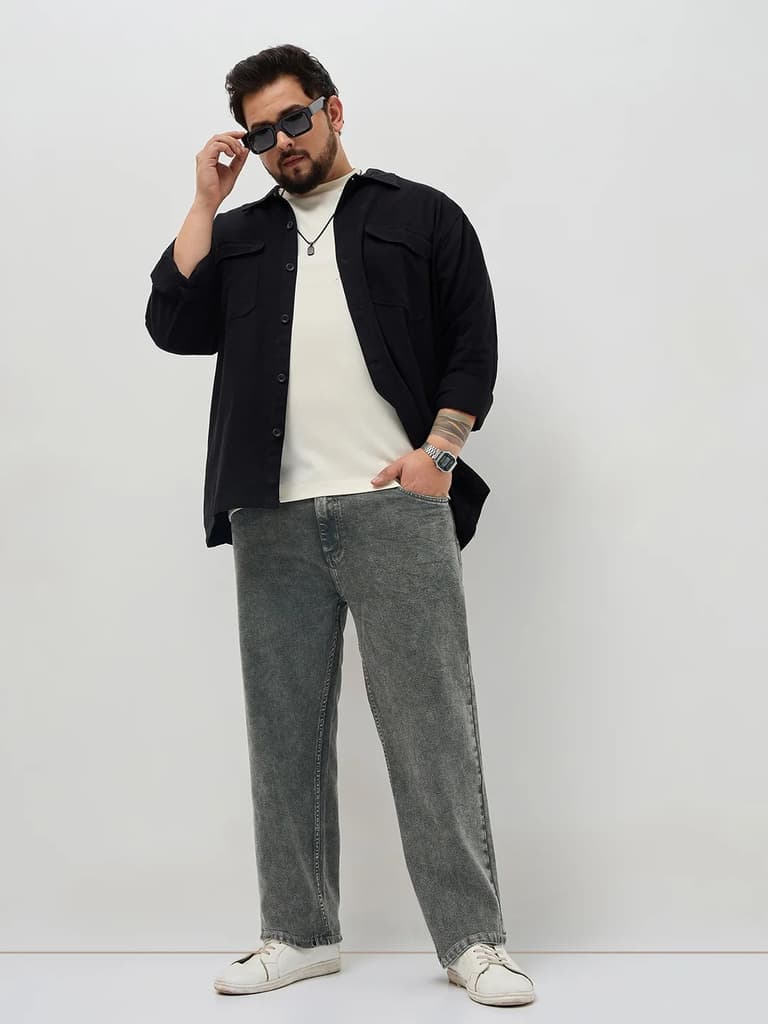 Plus Men's Grey Regular Fit Towel Washed Yellow Tint Denim Jeans Stretchable — photo 4