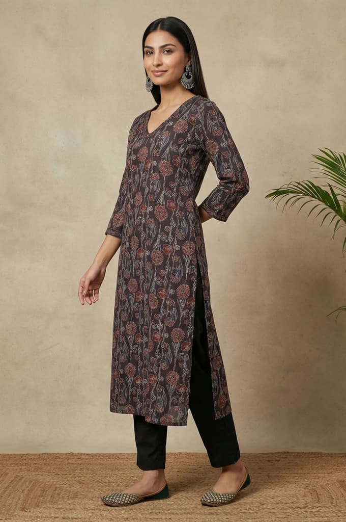 Brown Block Printed Sequins Satin Straight Kurta — photo 4