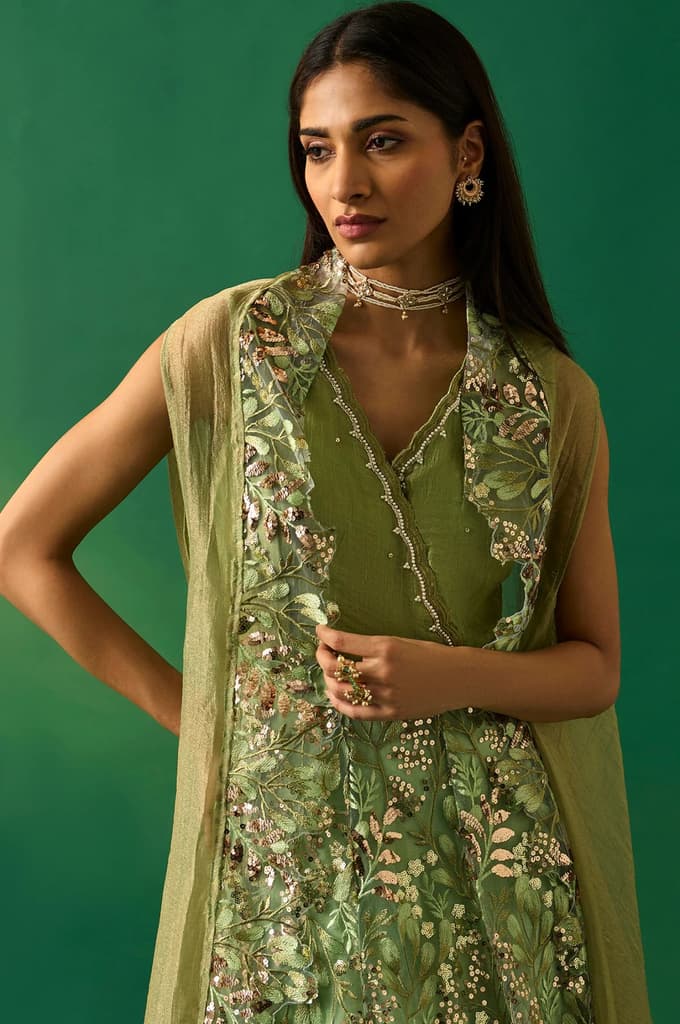 Green Embroidered Anarkali Tissue Dress with Churidar and Dupatta Set — photo 2