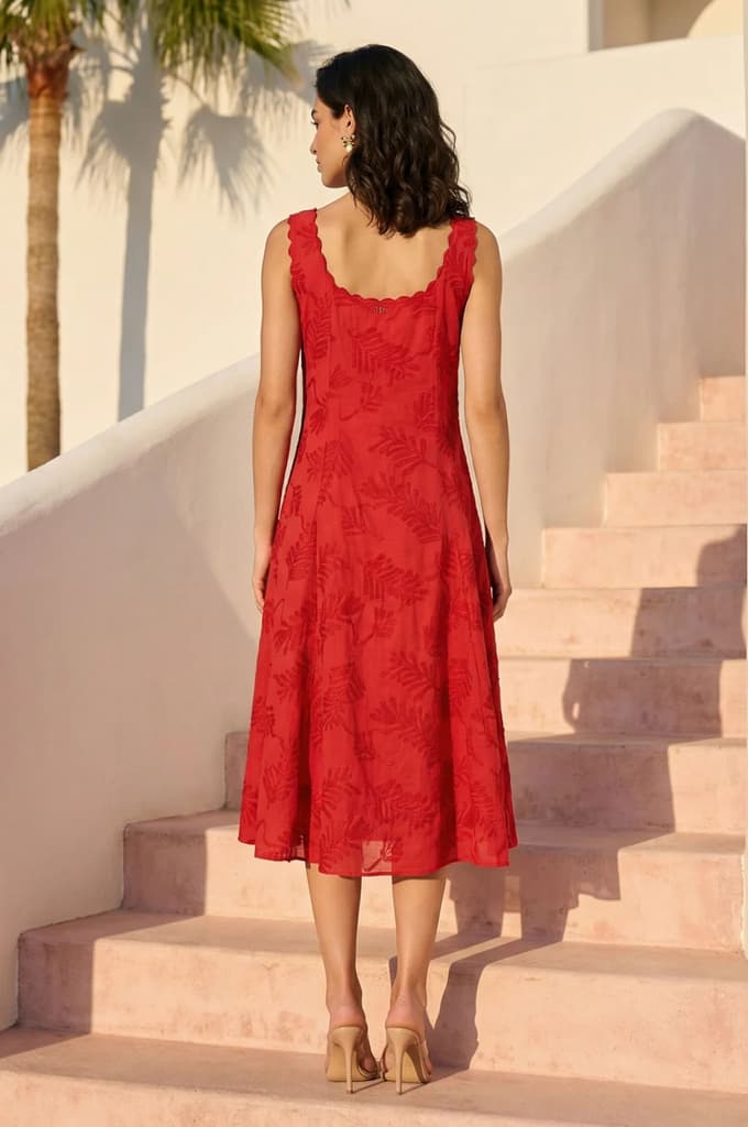 Red Thread Embroidered Pure Cotton A-line Dress — photo 5