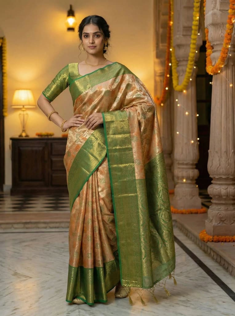 MIMOSA Women's Woven Design Kanjivaram Style Tissue Art Silk Saree with Blouse Piece - Orange ( SA00002922ORFREE ) — photo 2