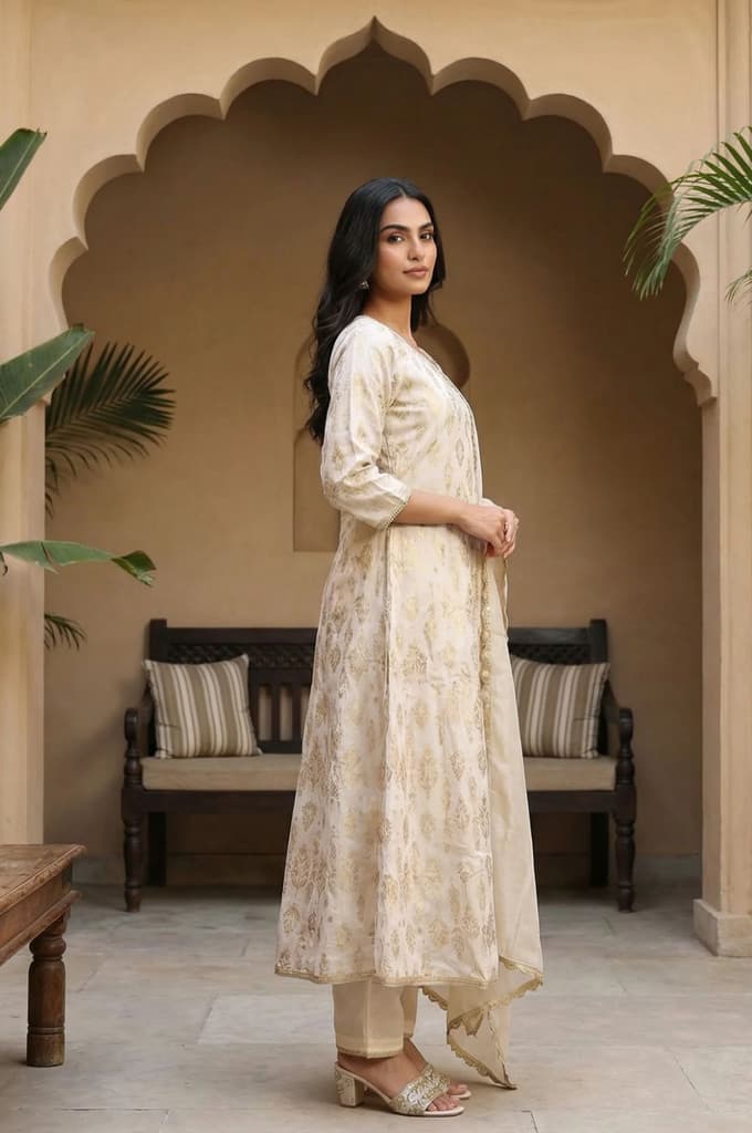 Off White Zari Work Jacquard Anarkali Kurta with Straight Pants and Dupatta Set — photo 4