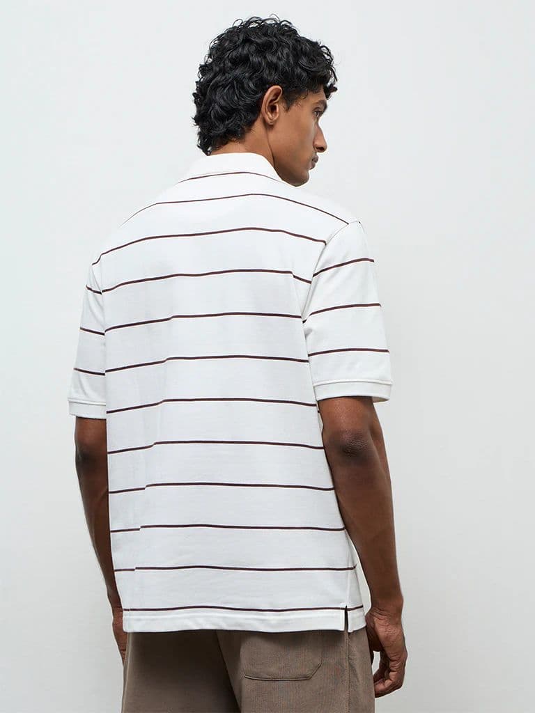 WES Casuals Off-White Striped Relaxed-Fit Cotton Polo T-Shirt — photo 4