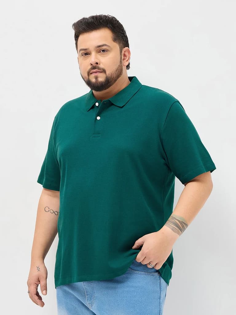 Plus Men's Teal Green Solid Regular Fit Half Sleeve Cotton Polo T-Shirt — photo 2