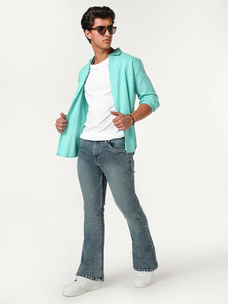 Men's Light Blue Bootcut Fit Mid Rise Tinted Heavy Washed Jeans Stretchable — photo 4
