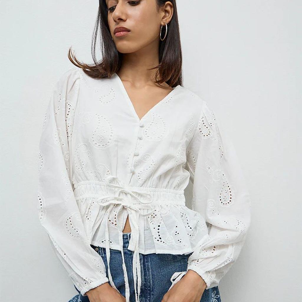 LOV Off-White Paisley Embroidered Cotton Blouse