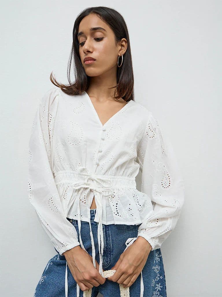 LOV Off-White Paisley Embroidered Cotton Blouse