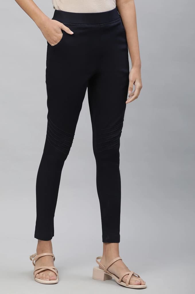 Navy Blue Solid Slim Fit Denim Jeggings With Pintuck Detail — photo 3