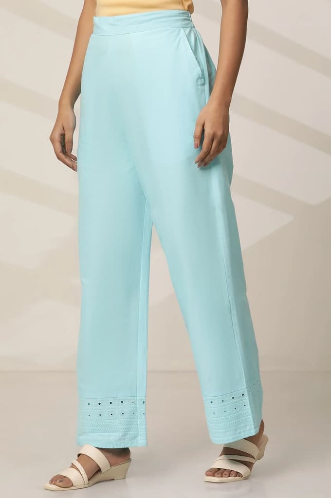 Sky Blue Embroidered Wide Leg Cotton Palazzo With Elasticated Waist — photo 3