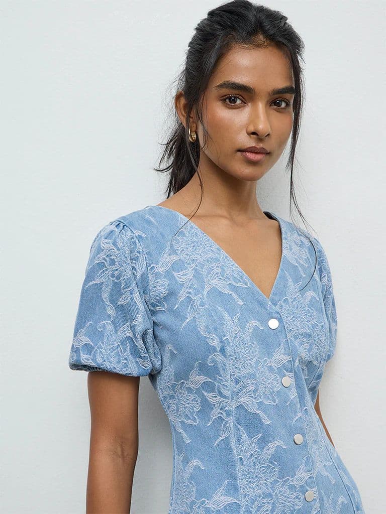 LOV Blue Floral Embroidered A-Line Denim Dress — photo 3