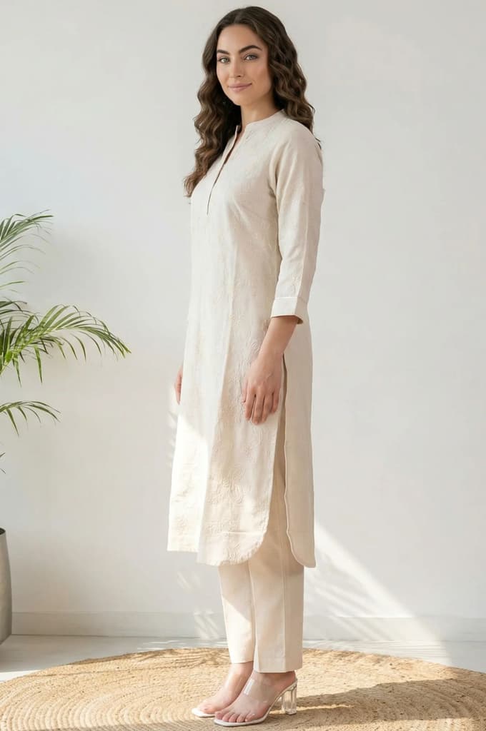 Off White Chikankari Rayon Straight Kurta with Pants Co-ord Set — photo 5