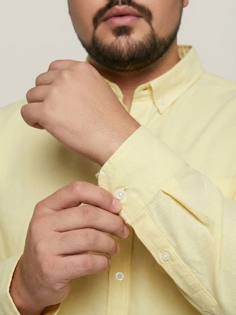 Plus Men's Yellow Cotton Full Sleeve Regular Fit Solid Oxford Shirt With Button-Down Collar — photo 5