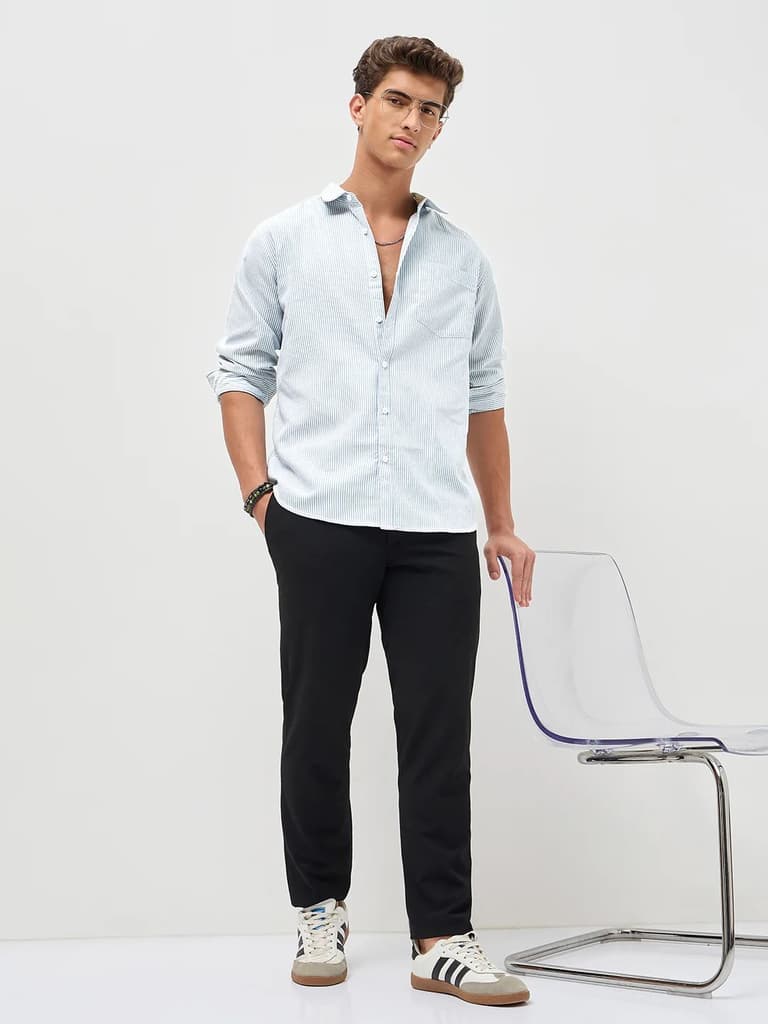 Men's Light Blue Cotton Full Sleeve Regular Fit Casual Striped Shirt — photo 5
