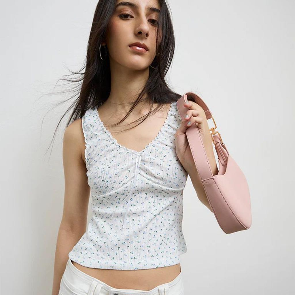 Nuon White Floral Design Cotton-Blend Top