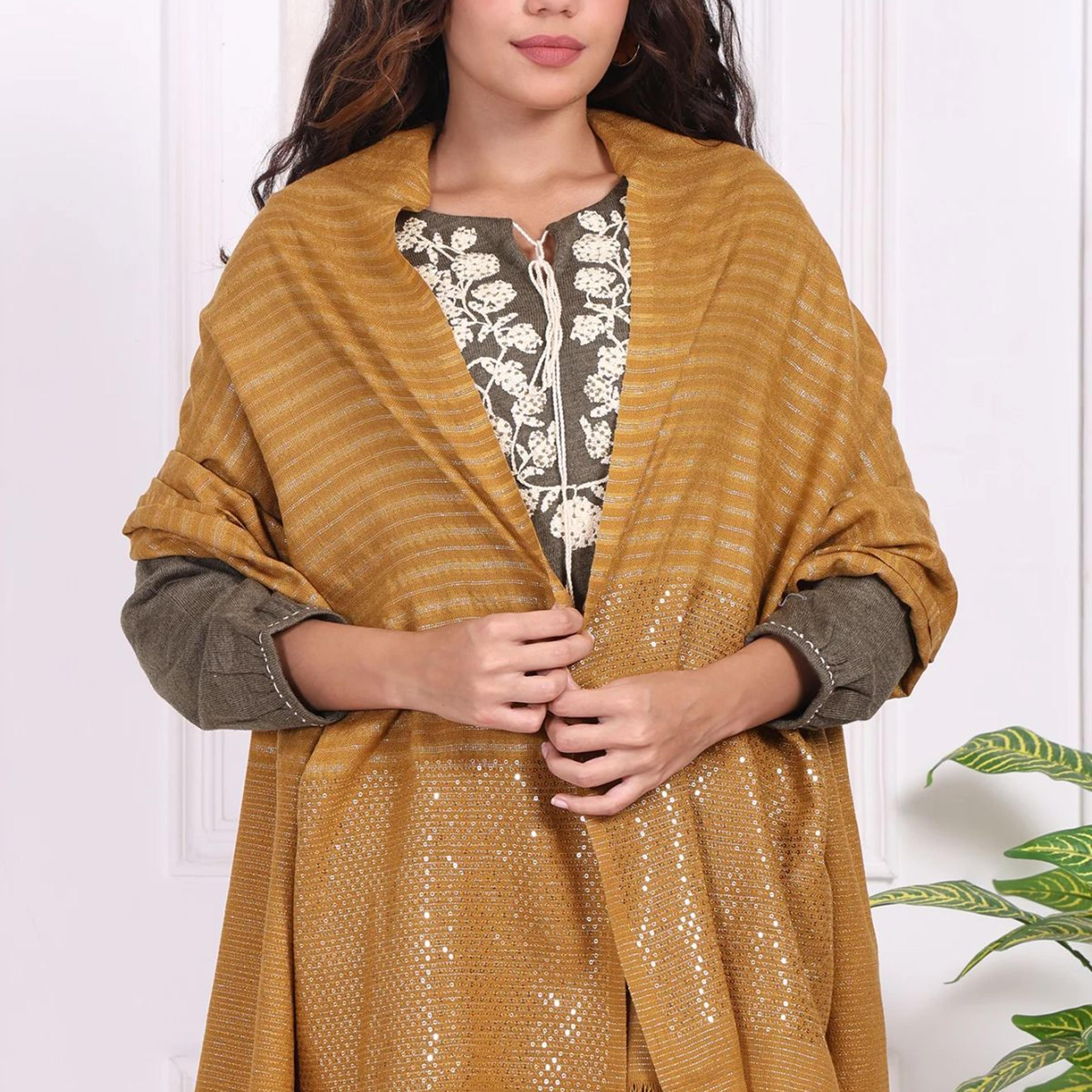 Cream Striped Sequined Shawl Acrylic Stole