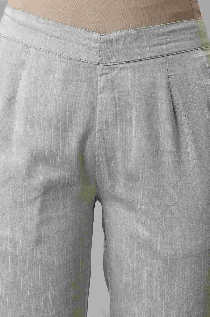 Grey Floral Embroidered Straight Fit Woven Pants With Elasticated Waist — photo 6