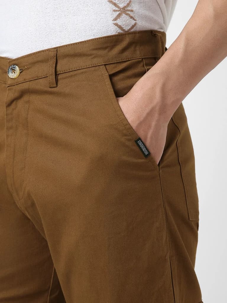 Men's Brown Regular Fit Solid Cargo Chino Pant with 6 Pockets Stretchable — photo 6