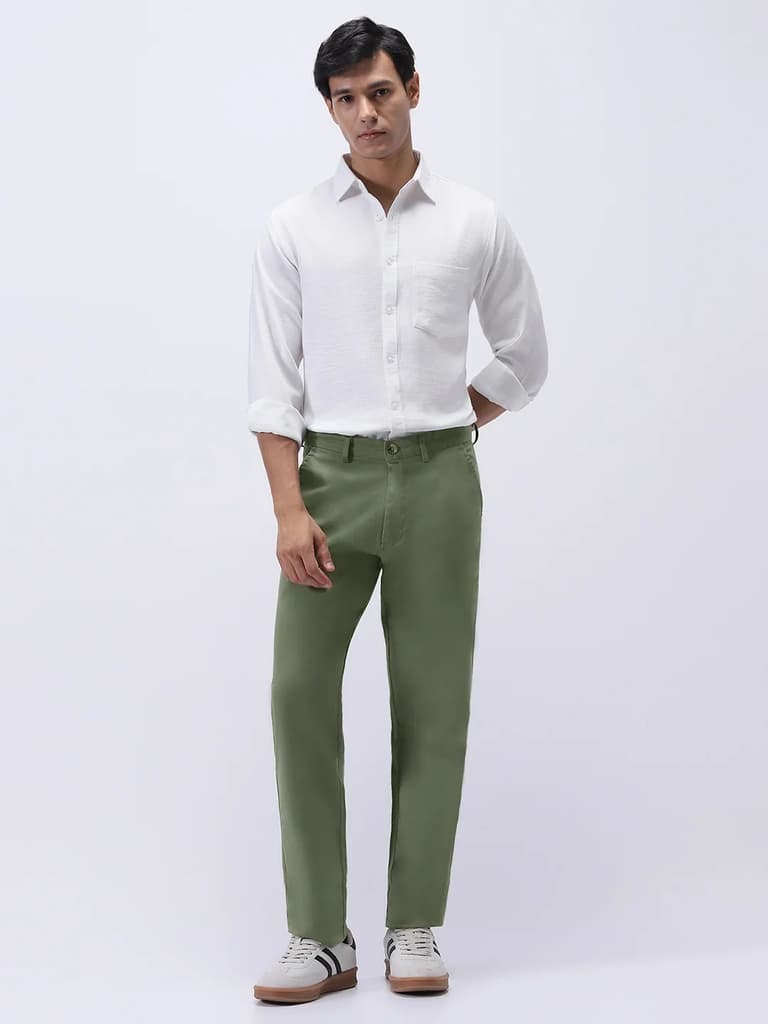 Men's Sage Green Cotton Regular Fit Casual Chinos Trousers Stretch — photo 5