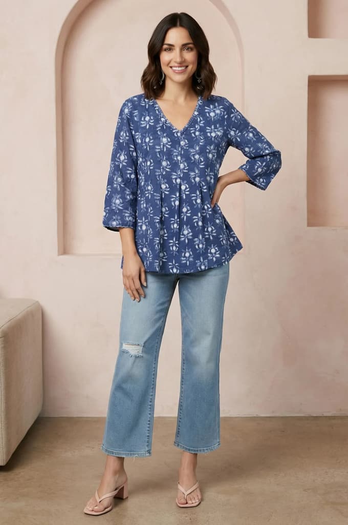 Blue Floral Block Printed Pure Cotton A-line Top — photo 3