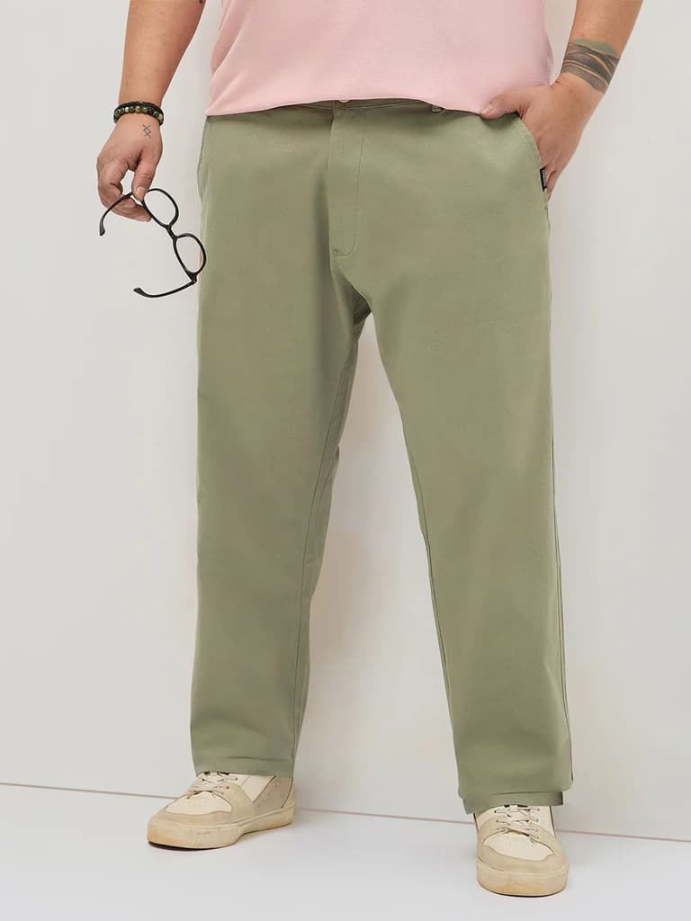 Plus Men's Light Olive Straight Fit Mid Rise Cotton Casual Chinos Trousers Stretch — 36 / Light Olive