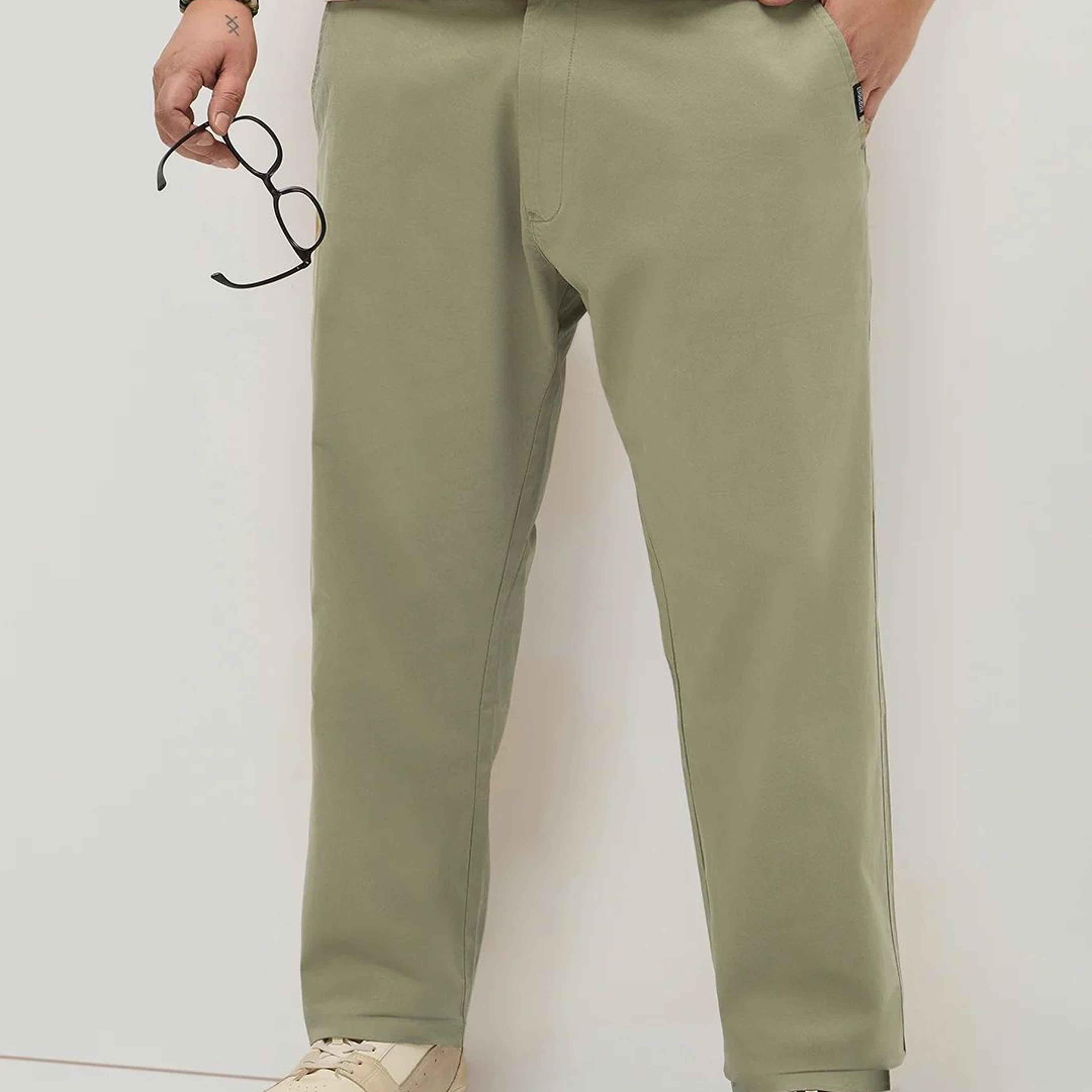 Plus Men's Light Olive Straight Fit Mid Rise Cotton Casual Chinos Trousers Stretch