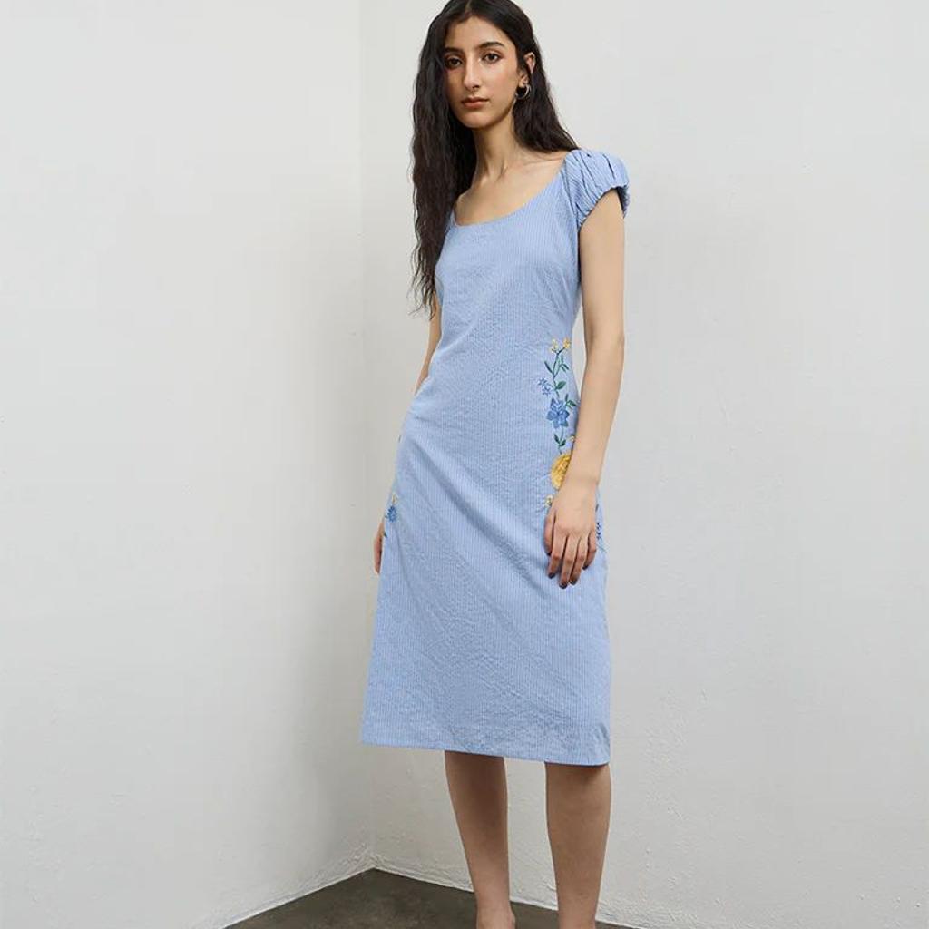 Bombay Paisley Light Blue Embroidered Cotton A-Line Dress