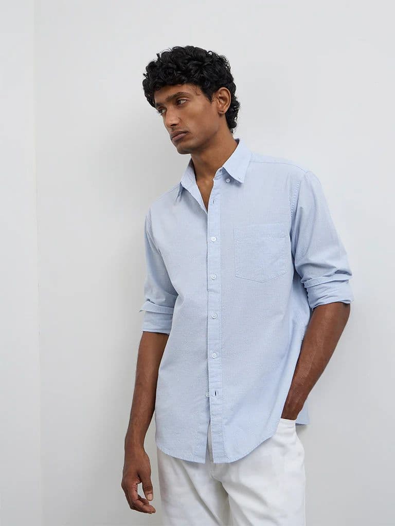 WES Casuals Light Blue Checkered Relaxed-Fit Cotton Shirt — photo 2
