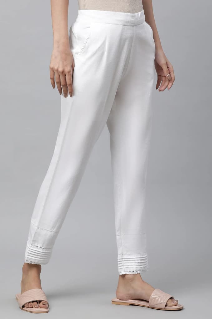 White Solid Straight Fit Cotton Trousers With Lace Inserts — photo 4