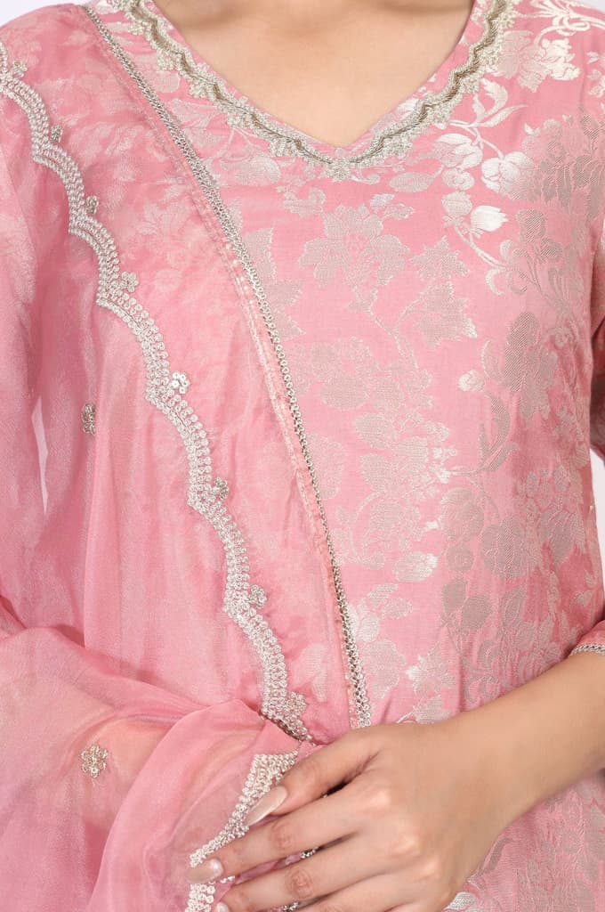 Pink Zari Jacquard Straight Kurta with Sharara and Dupatta Set — photo 4