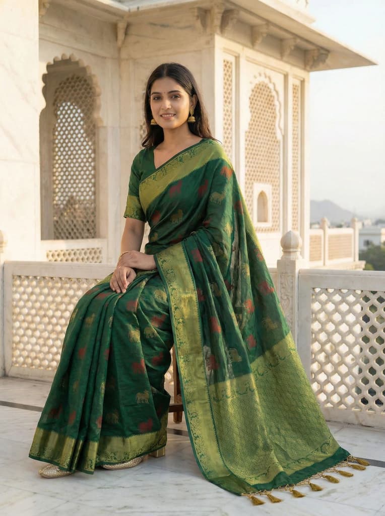 MIMOSA Women's Woven Design Banarasi Style Raw Silk Saree with Blouse Piece - Green ( SA00003136GRNFREE ) — photo 4